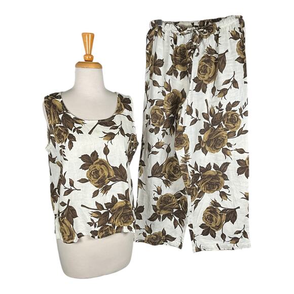Hot Cotton 100% Linen White Green Rose Twin Set Small Tank High Waisted Pants - Picture 1 of 14